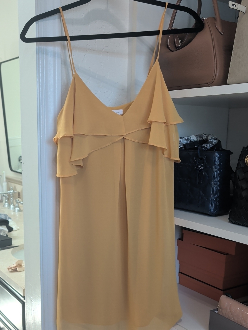 BCBGeneration Mustard Yellow Ruffle Spaghetti Strap Mini Dress